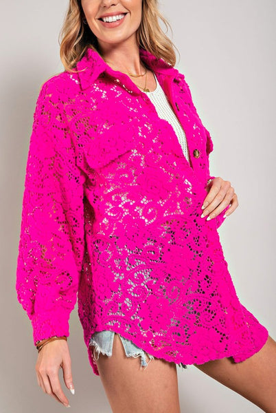 Hot Pink Lace Button Down Shacket