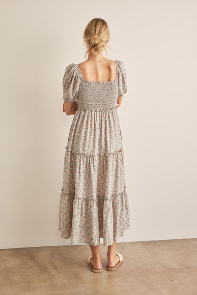 Floral Print Puff Sleeve Smocked Tiered Maxi Dress