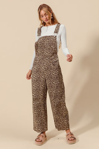 Leopard Twill Denim Slouchy Barrel Overalls