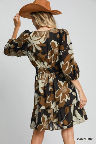 Fall Floral Abstract Print Dress With Smocked Waist