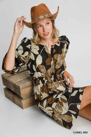 Fall Floral Abstract Print Dress With Smocked Waist