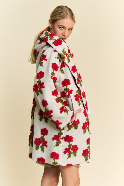 Garden Floral Chunky Embroidered Button Front Hooded Jacket