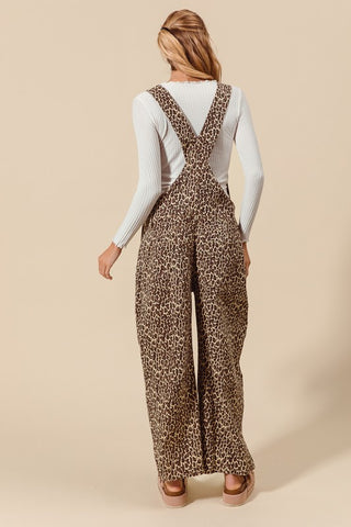 Leopard Twill Denim Slouchy Barrel Overalls