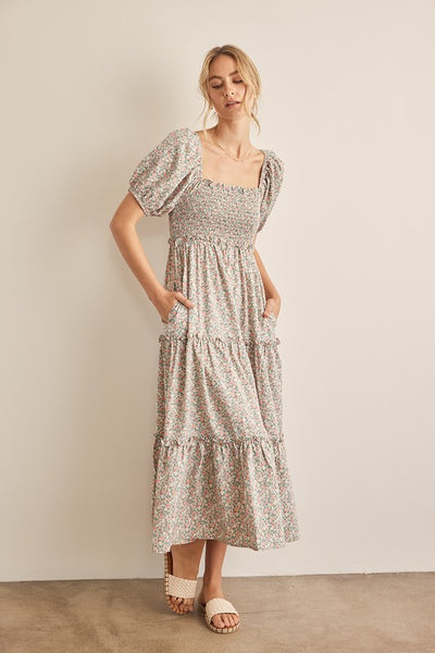 Floral Print Puff Sleeve Smocked Tiered Maxi Dress