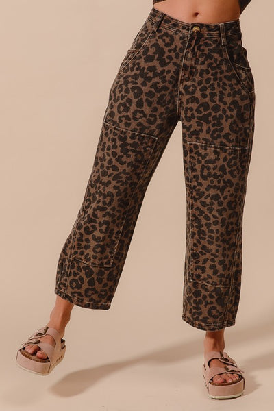 Leopard Print Twill Mid Rise Wide Leg Barrel Jeans