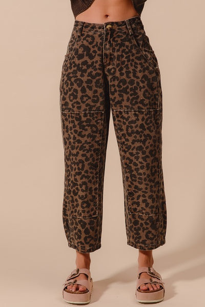 Leopard Print Twill Mid Rise Wide Leg Barrel Jeans