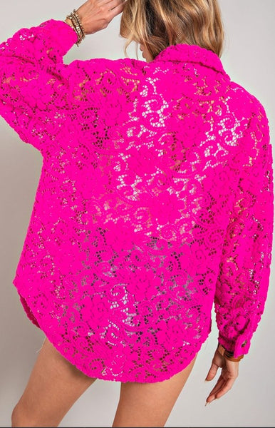 Hot Pink Lace Button Down Shacket