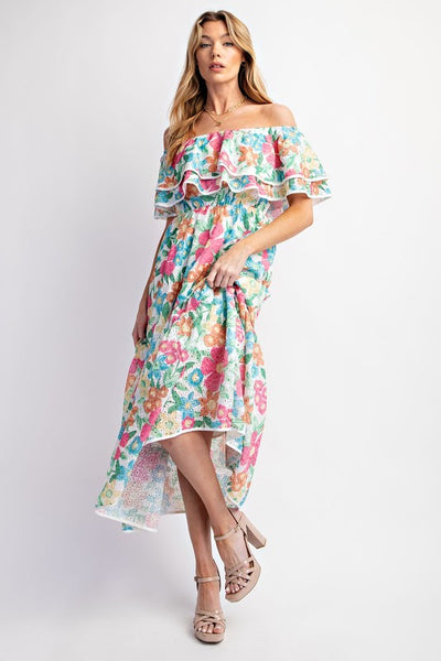 Eyelet Print Off Shoulder Tiered Dress