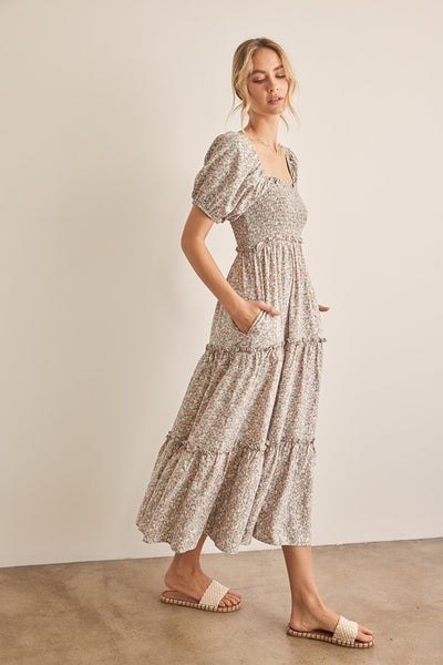 Floral Print Puff Sleeve Smocked Tiered Maxi Dress