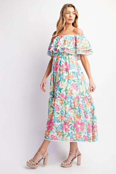 Eyelet Print Off Shoulder Tiered Dress