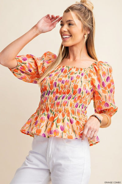 Textured Smocked Bubble Sleeve Floral Top