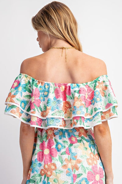 Eyelet Print Off Shoulder Tiered Dress