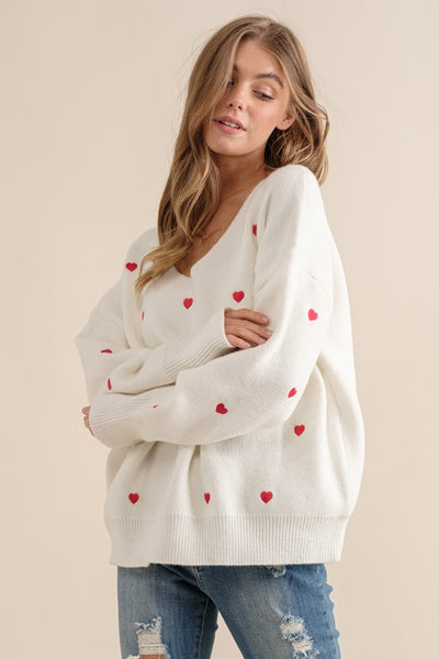 Embroidered Heart V Neck Pullover Sweater