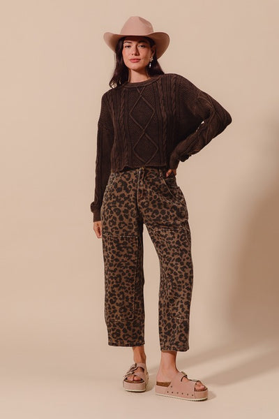 Leopard Print Twill Mid Rise Wide Leg Barrel Jeans