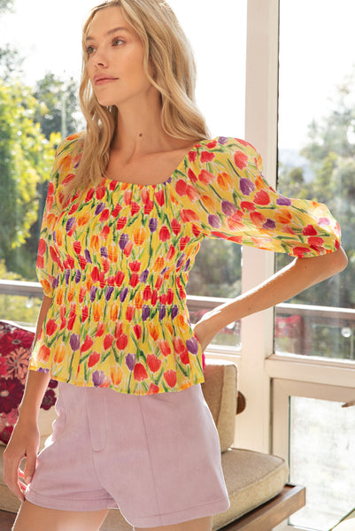 Textured Smocked Bubble Sleeve Floral Top