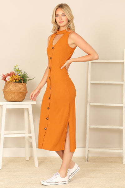 Camel Button Down Halter Neck Dress