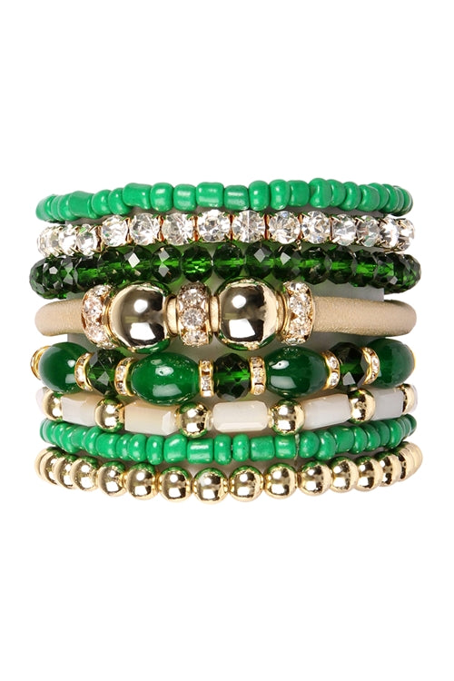 Green & Gold Mixed Bead Stretch Bracelet Set (7 Piece Set)