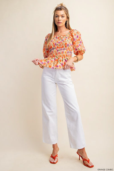 Textured Smocked Bubble Sleeve Floral Top