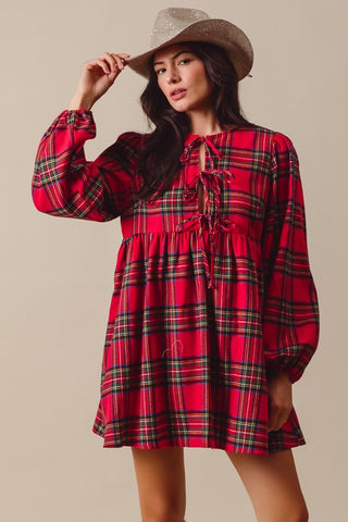 Holiday Plaid Front Tie Mini Dress