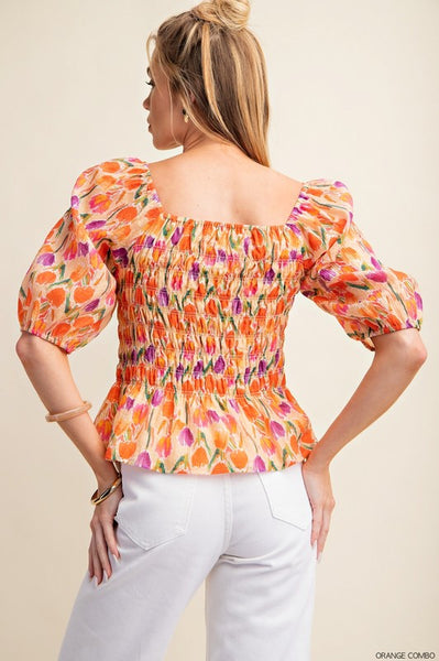 Textured Smocked Bubble Sleeve Floral Top