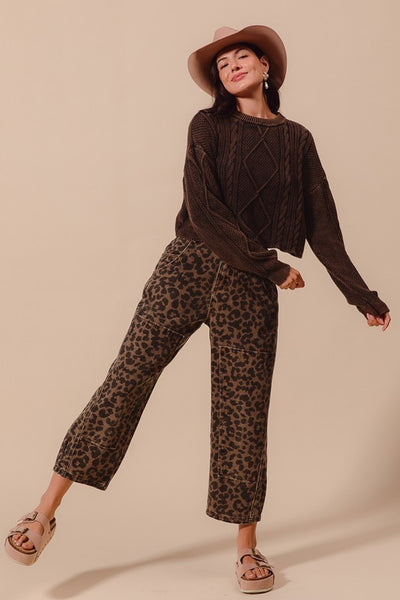 Leopard Print Twill Mid Rise Wide Leg Barrel Jeans