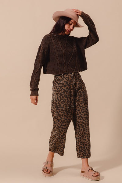 Leopard Print Twill Mid Rise Wide Leg Barrel Jeans