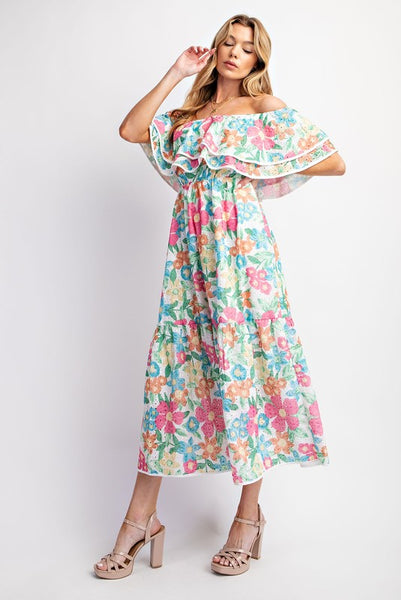 Eyelet Print Off Shoulder Tiered Dress