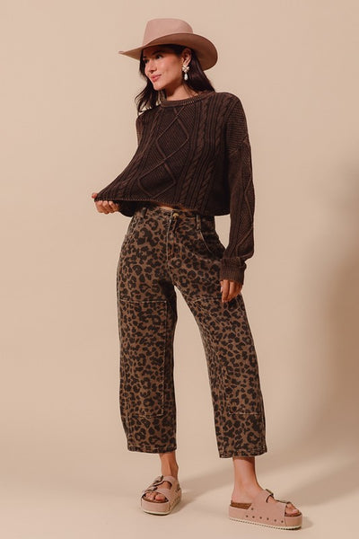 Leopard Print Twill Mid Rise Wide Leg Barrel Jeans