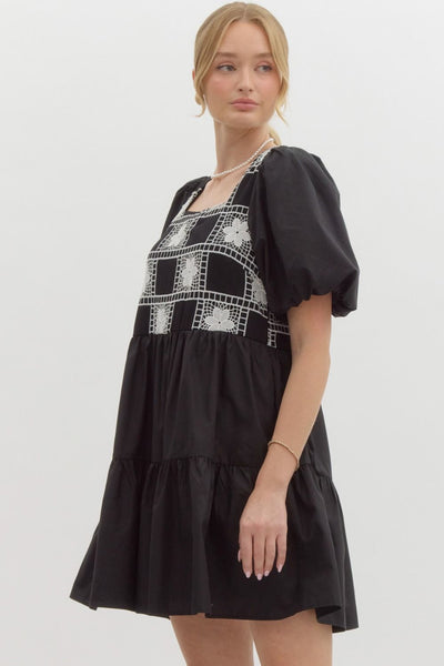 Embroidered Balloon Sleeve Black Dress