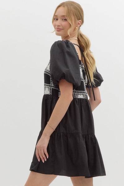 Embroidered Balloon Sleeve Black Dress