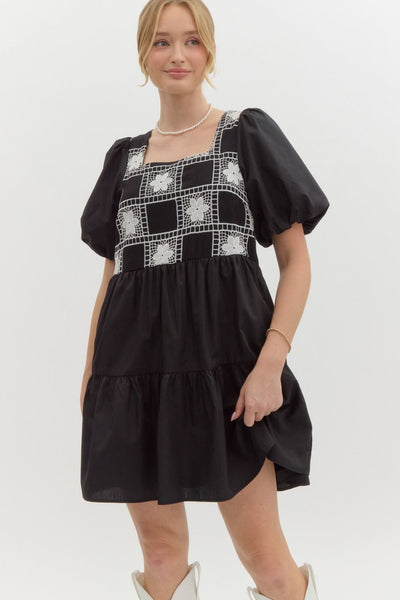 Embroidered Balloon Sleeve Black Dress