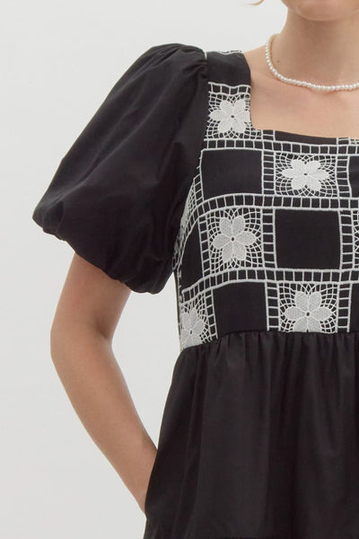 Embroidered Balloon Sleeve Black Dress