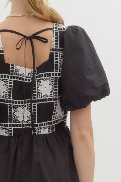 Embroidered Balloon Sleeve Black Dress