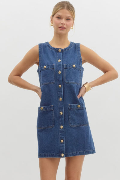 Denim Sleeveless Mini Dress With Gold Buttons