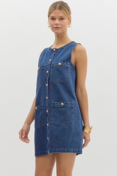 Denim Sleeveless Mini Dress With Gold Buttons