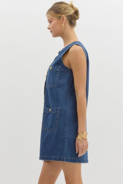 Denim Sleeveless Mini Dress With Gold Buttons