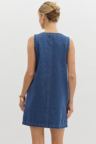 Denim Sleeveless Mini Dress With Gold Buttons