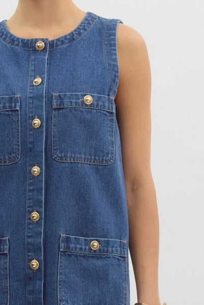 Denim Sleeveless Mini Dress With Gold Buttons