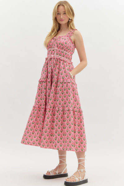 Floral Print Poplin Tiered Midi Dress