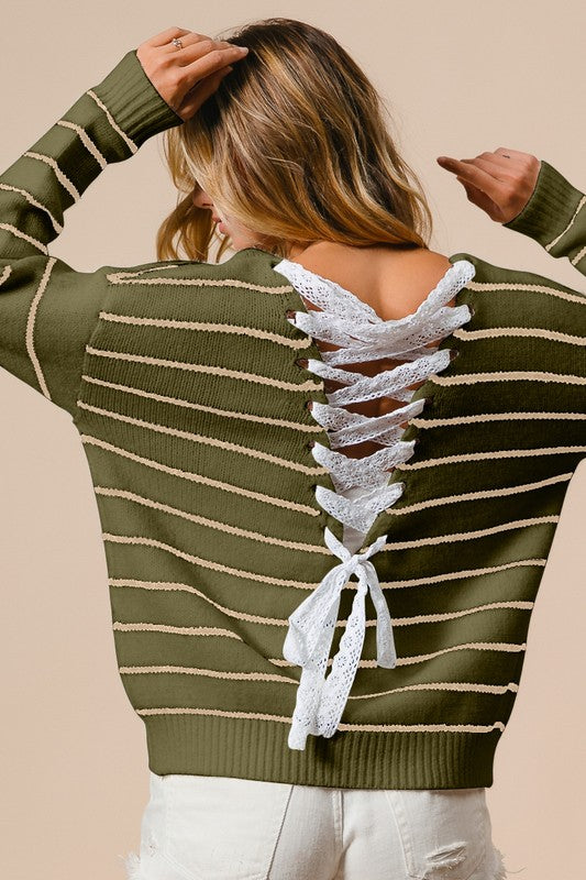 Back Lace Up Detail Striped Sweatr