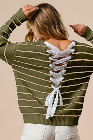 Back Lace Up Detail Striped Sweatr