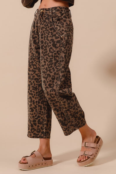 Leopard Print Twill Mid Rise Wide Leg Barrel Jeans