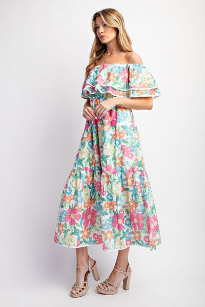 Eyelet Print Off Shoulder Tiered Dress