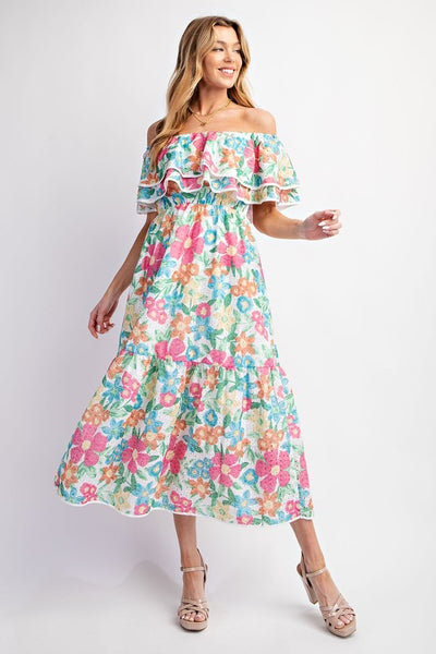 Eyelet Print Off Shoulder Tiered Dress