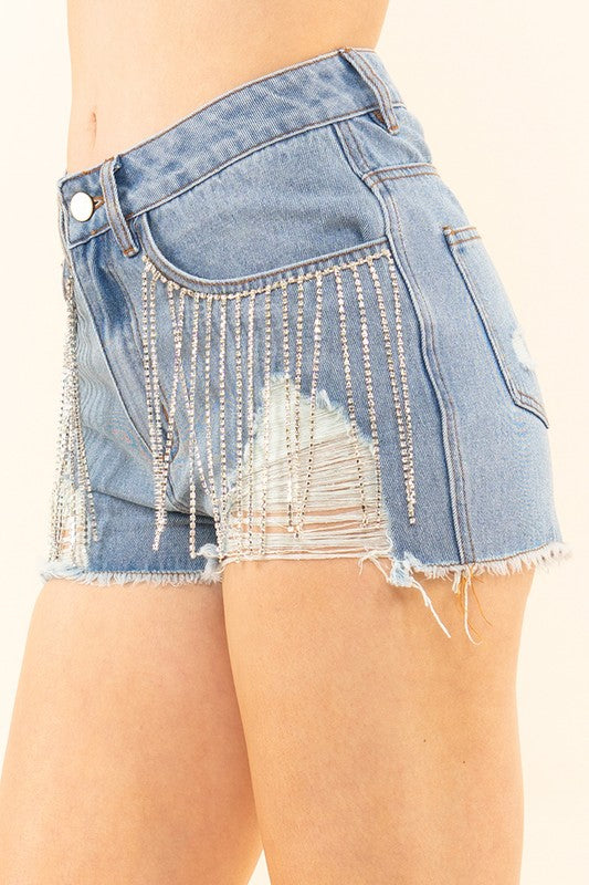 Gem Rhinestone Fringe Denim Shorts